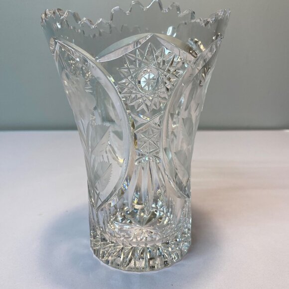 Antique American Brilliant Period Cut Glass Vase Etched Rose Stem ABS Small - Picture 12 of 14